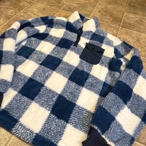 Chicvea Womens Blue White Buffalo Check Sherpa Fleece Button Pullover Medium
